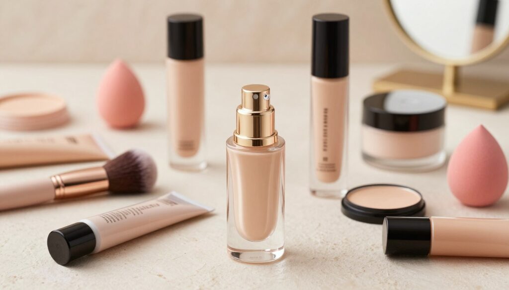 A beautifully arranged flat lay of various makeup primers on a soft, textured background, highlighting their diverse packaging and colors. In the foreground, the focus is on a clear glass primer bottle, elegantly reflecting light, with its contents illuminated. Surrounding it, there are tubes and jars of different sizes, showcasing the variety of textures from matte to illuminating. In the middle ground, soft-focus beauty tools such as foundation brushes and sponges add to the composition. In the background, blurred hints of a stylish vanity setup with soft pastel colors create a warm, inviting atmosphere. The lighting is soft and diffused, enhancing the luxurious feel of the scene, while the overall mood evokes feelings of elegance and self-care, perfect for illustrating the benefits of using a makeup primer. A beautifully arranged flat lay of various makeup primers on a soft, textured background, highlighting their diverse packaging and colors. In the foreground, the focus is on a clear glass primer bottle, elegantly reflecting light, with its contents illuminated. Surrounding it, there are tubes and jars of different sizes, showcasing the variety of textures from matte to illuminating. In the middle ground, soft-focus beauty tools such as foundation brushes and sponges add to the composition. In the background, blurred hints of a stylish vanity setup with soft pastel colors create a warm, inviting atmosphere. The lighting is soft and diffused, enhancing the luxurious feel of the scene, while the overall mood evokes feelings of elegance and self-care, perfect for illustrating the benefits of using a makeup primer.