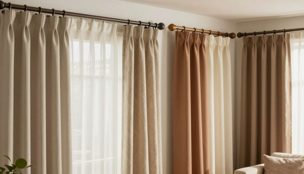 A beautifully arranged living room featuring various types of curtain rods, showcasing a mix of modern and traditional designs. In the foreground, focus on elegantly styled metal and wooden curtain rods with unique finials. In the middle, display the rods draped with different curtain fabrics—sheer, heavy, patterned, and solid colors—reflecting a variety of design choices. The background shows a softly lit room with cozy furniture, enhanced by natural light filtering through the curtains. Use warm, inviting colors and soft shadows to create a serene atmosphere. Capture the image from a slightly elevated angle to reveal the arrangement details while maintaining clarity in textures and finishes of the curtain rods.