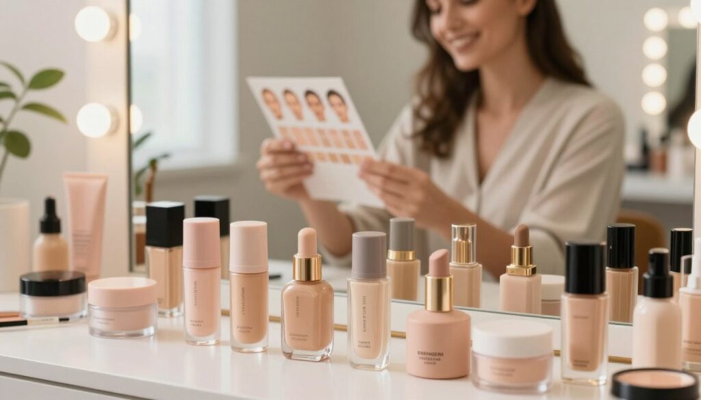 A beautifully arranged makeup station showcasing different makeup bases tailored for various skin types. In the foreground, an array of elegant, labeled containers of makeup base in soft pastel colors, each subtly reflecting its purpose: hydrating, mattifying, and illuminating. In the middle ground, a professional makeup artist with a warm smile, dressed in modest, professional attire, examines the products, thoughtfully choosing one to match a nearby skin tone chart. The background features a softly lit vanity with a mirror, creating a cozy and inviting atmosphere, adorned with plant accents. The lighting should be soft and natural, highlighting the textures of the makeup products while casting gentle shadows, evoking a sense of professionalism and care in the art of makeup application. A beautifully arranged makeup station showcasing different makeup bases tailored for various skin types. In the foreground, an array of elegant, labeled containers of makeup base in soft pastel colors, each subtly reflecting its purpose: hydrating, mattifying, and illuminating. In the middle ground, a professional makeup artist with a warm smile, dressed in modest, professional attire, examines the products, thoughtfully choosing one to match a nearby skin tone chart. The background features a softly lit vanity with a mirror, creating a cozy and inviting atmosphere, adorned with plant accents. The lighting should be soft and natural, highlighting the textures of the makeup products while casting gentle shadows, evoking a sense of professionalism and care in the art of makeup application.