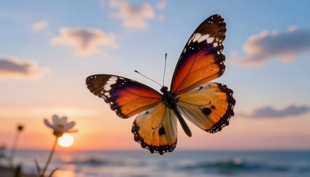 A beautifully detailed butterfly in vibrant colors serves as the focal point, positioned in the foreground. Surrounding the butterfly, incorporate symbols of transformation, freedom, and new beginnings: a blooming flower, a sunrise horizon, and gentle waves. The middle ground features a soft gradient of colors transitioning from warm oranges to cool blues, symbolizing the dawn of a new day. The background includes an ethereal, dreamy sky filled with wispy clouds, enhancing the sense of liberation. Use soft, natural lighting to illuminate the scene, creating a serene and uplifting atmosphere. Capture the composition with a gentle, slightly elevated angle, allowing the butterfly and symbols to stand out vividly against the background, evoking a sense of hope and renewal.