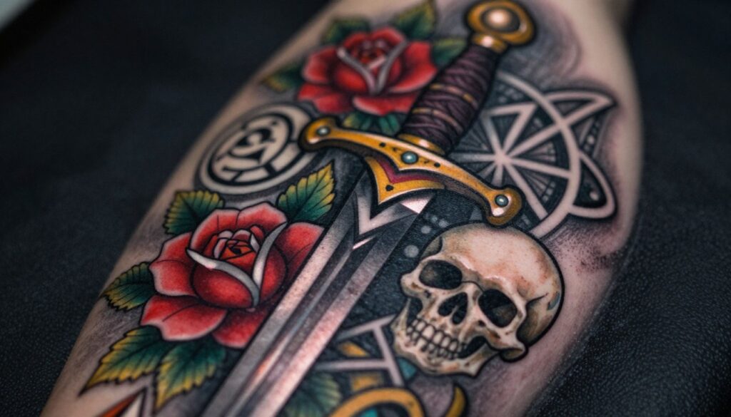 A beautifully inked tattoo design featuring a sword entwined with intricate symbols such as a rose, a skull, and geometric patterns. In the foreground, the focus is on the detailed sword with ornate engravings, the blade glistening faintly in soft lighting. Surrounding the sword, the symbols are artistically arranged, each reflecting different meanings related to strength and protection. In the middle ground, there is subtle shading that creates depth, enhancing the tattoo's three-dimensional appearance. The background is a textured dark canvas to ensure the vibrant ink colors stand out. The overall mood is one of mystery and power, invoking a sense of timeless tradition in body art. The image is sharp and well-composed, resembling a professional tattoo flash.