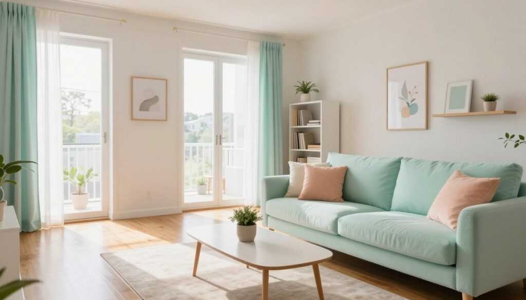 A bright and inviting living room in a modern apartment, featuring soft pastel colors like light mint green, pale peach, and creamy white. In the foreground, a cozy, stylish sofa is adorned with cushions in coordinating colors. A sleek coffee table sits in front, displaying a small, tasteful plant. In the middle, a polished wood floor reflects natural light streaming through large windows, adorned with sheer curtains allowing sunlight to brighten the space. The walls are painted in light tones, creating an illusion of spaciousness, with minimalistic artwork adding a touch of personality. In the background, a subtle, contemporary bookshelf and potted plants enhance the fresh, airy atmosphere. The overall mood is serene and spacious, capturing the essence of a well-decorated living room.