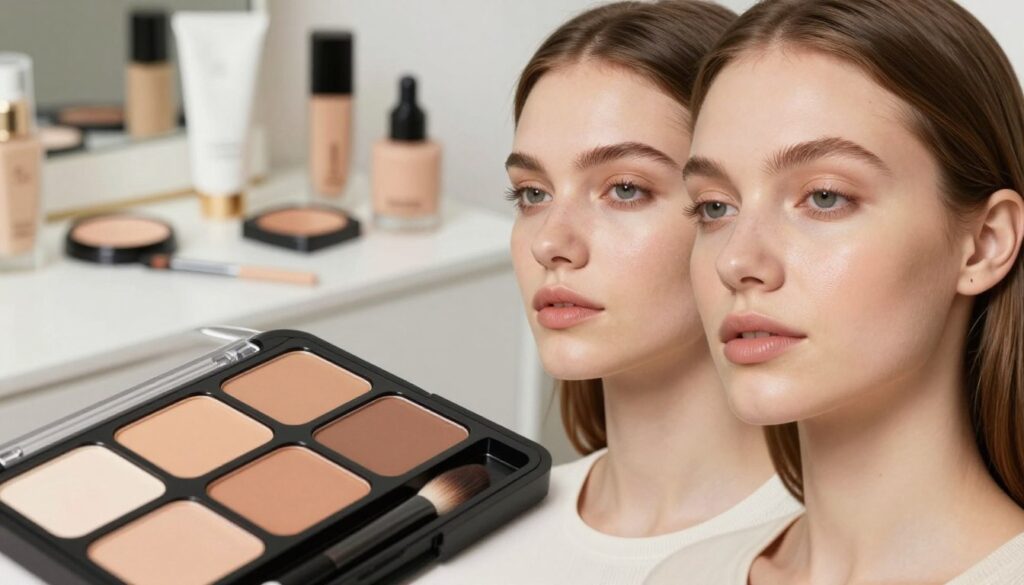 A close-up image illustrating the impacts of makeup cosmetics on skin health. In the foreground, display a well-lit makeup palette with various shades of foundation, concealer, and blush, reflecting a spectrum of skin tones. In the middle ground, include a model's face, showcasing both flawless makeup on one side and bare skin on the other, highlighting the contrast. The background should feature a softly blurred cosmetic vanity with skincare products, emphasizing a theme of beauty and skincare. Use soft, natural lighting to create a fresh and inviting atmosphere, capturing the essence of makeup's influence on the skin. The model should be in professional casual attire, with a serene expression, embodying confidence and natural beauty.