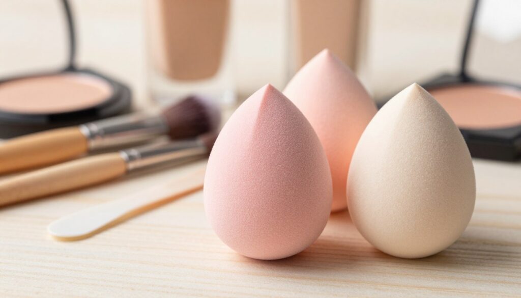 A close-up image showcasing the various parts of a beauty blender and makeup sponge, arranged artistically on a light wooden surface. In the foreground, feature a damp beauty blender, highlighting its unique texture and contours, alongside a dry sponge, demonstrating the contrast. In the middle ground, place smaller tools like a makeup brush and a spatula for cream products, subtly hinting at their complementary roles. The background should be softly blurred, showcasing elegant cosmetics like foundation and blush in soft pastel shades, creating an inviting atmosphere. Employ soft, diffused natural lighting to enhance the textures and colors, capturing a fresh and clean aesthetic. The overall mood should convey a sense of creativity and precision in makeup application techniques. A close-up image showcasing the various parts of a beauty blender and makeup sponge, arranged artistically on a light wooden surface. In the foreground, feature a damp beauty blender, highlighting its unique texture and contours, alongside a dry sponge, demonstrating the contrast. In the middle ground, place smaller tools like a makeup brush and a spatula for cream products, subtly hinting at their complementary roles. The background should be softly blurred, showcasing elegant cosmetics like foundation and blush in soft pastel shades, creating an inviting atmosphere. Employ soft, diffused natural lighting to enhance the textures and colors, capturing a fresh and clean aesthetic. The overall mood should convey a sense of creativity and precision in makeup application techniques.