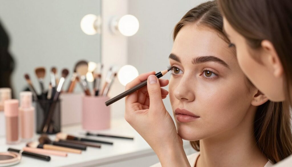 A close-up of a professional makeup artist applying eyebrow pencil on a model in a well-lit, modern beauty studio. The artist is focused, with a steady hand, showcasing precise strokes of a soft, dark brown eyebrow pencil. The model has a neutral expression, her eyes bright and engaging. In the background, a stylish array of makeup tools and products is neatly arranged, with soft pastel colors creating a calming atmosphere. Warm, diffused lighting highlights the artist's skill and the model's refined features. The scene is shot at eye level, capturing the detail of the pencil application while maintaining a clean, uncluttered aesthetic that evokes a sense of professionalism and expertise in beauty techniques.