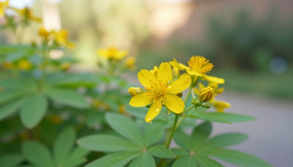 A close-up of a vibrant, yellow flowering plant known as greater celandine (Chelidonium majus) in the foreground, showcasing its bright petals and lush green leaves. Focus on the sap oozing from the plant's stem, illustrating its traditional use for warts and skin issues. In the middle ground, include a blurred background of a natural garden setting with soft sunlight filtering through leaves, creating a warm and inviting atmosphere. Use a shallow depth of field to emphasize the plant while softly blurring the background elements, giving a serene and tranquil mood. The lighting should be soft and natural, as if it’s early morning, enhancing the freshness of the scene. Aim for a high-resolution image with a slight macro perspective to highlight the intricate details of the plant’s leaves and flowers.