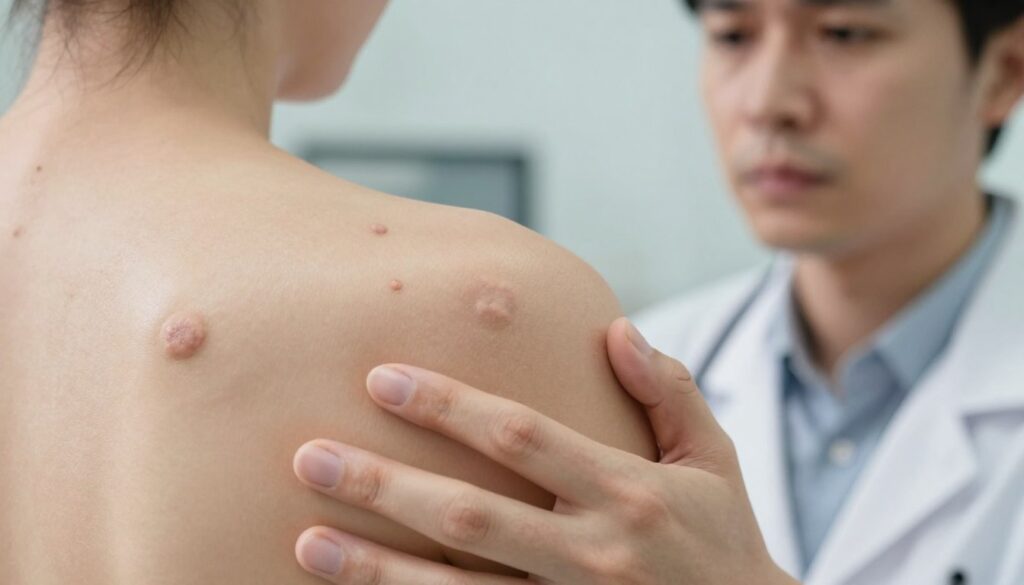 A close-up of human skin showing the texture and appearance of flat warts, illustrating the risk factors associated with their development. In the foreground, focus on a large hand gently touching the skin, emphasizing a concerned expression on a person's face, dressed in professional attire. The middle ground features a clear view of several flat warts on the skin, showcasing their subtle, smooth, and slightly raised nature, with a natural skin tone. In the background, use soft, diffused lighting to create a clinical and informative atmosphere, hinting at a doctor's office setting with minimal medical equipment and soothing colors. Capture the mood of caution and awareness about skin health, avoiding any explicit imagery.