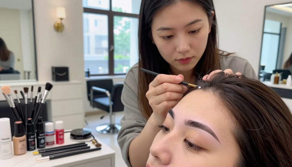 A close-up shot of a beautifully styled eyebrow, showcasing freshly laminated and colored brows with a subtle shimmer. The foreground includes a selection of alternative styling tools such as brushes, brow gels, and natural-colored dyes artfully arranged. In the middle, a professional beauty expert in modest casual clothing is demonstrating the application of a coloring technique on a model's eyebrows, capturing focused expressions. The background features a chic, well-lit salon environment with soft natural light filtering through large windows, creating an inviting atmosphere. The overall mood conveys sophistication and expertise in eyebrow styling, highlighting both lamination and innovative coloring methods.