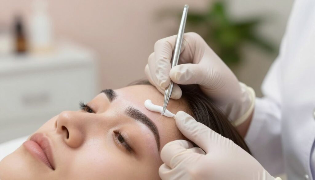 A close-up shot of a professional esthetician carefully tending to healing eyebrows after a semi-permanent makeup procedure. In the foreground, the esthetician is gently applying a soothing balm to the brows, wearing a white lab coat and protective gloves. The middle ground captures the detailed texture of the brows, showcasing the natural hair and the slightly raised skin around the area still in the healing process. The background features a softly lit salon environment with calming colors, like light pastels and greenery, enhancing the serene atmosphere. Soft, diffused lighting highlights the nuances of the brow color and skin texture, conveying a sense of care and professionalism. The image is inviting and educational, perfect for illustrating proper aftercare during eyebrow healing.