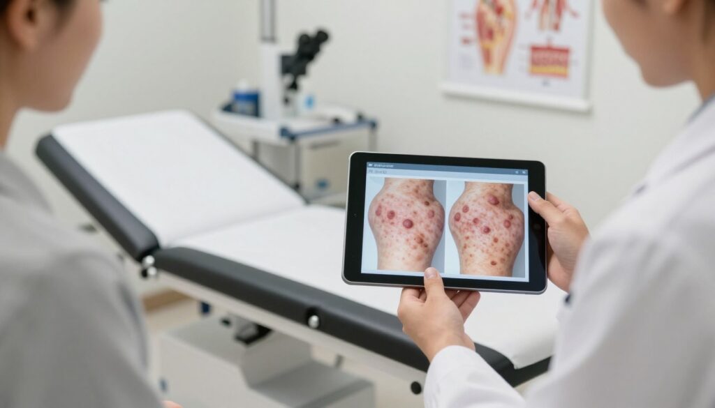 A close-up view of a dermatology consultation room focused on diagnosing skin warts. In the foreground, a medical professional in a white lab coat examines a patient's hand, showcasing detailed images of warts and skin lesions on a digital tablet. In the middle ground, a sleek examination bed with medical tools and a dermatoscope is visible. The background features soft lighting that creates a calm atmosphere, with anatomical posters of skin conditions on the walls. The scene should convey a sense of professionalism and care, capturing the essence of skin diagnostics in a clinical setting. The color palette is soft and neutral to instill a sense of trust and comfort.