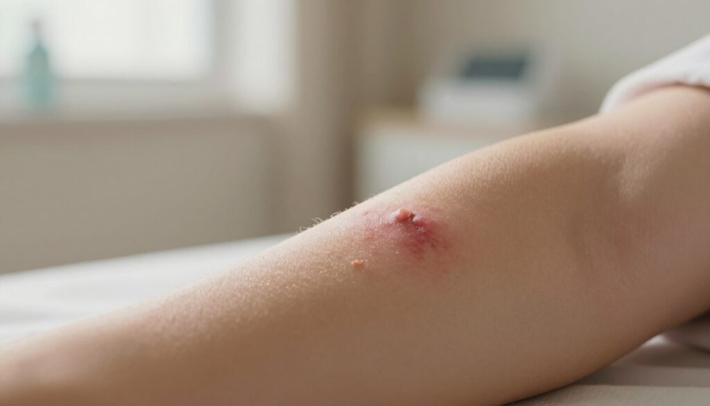 A close-up view of a healing skin area on a person's forearm after a dermatological procedure, specifically a curettage treatment for warts. The skin should show slight redness, minimal swelling, and visible scabs indicating the healing process, with a soft glow highlighting the texture of the skin. The foreground focuses on the affected skin, while the middle section features a muted, softly blurred background of a medical setting, like a clinical room with warm lighting. A sense of calm and recovery should permeate the scene, evoking a hopeful mood. Use a shallow depth of field to emphasize the skin's surface, with natural daylight streaming in, creating a serene and professional atmosphere.