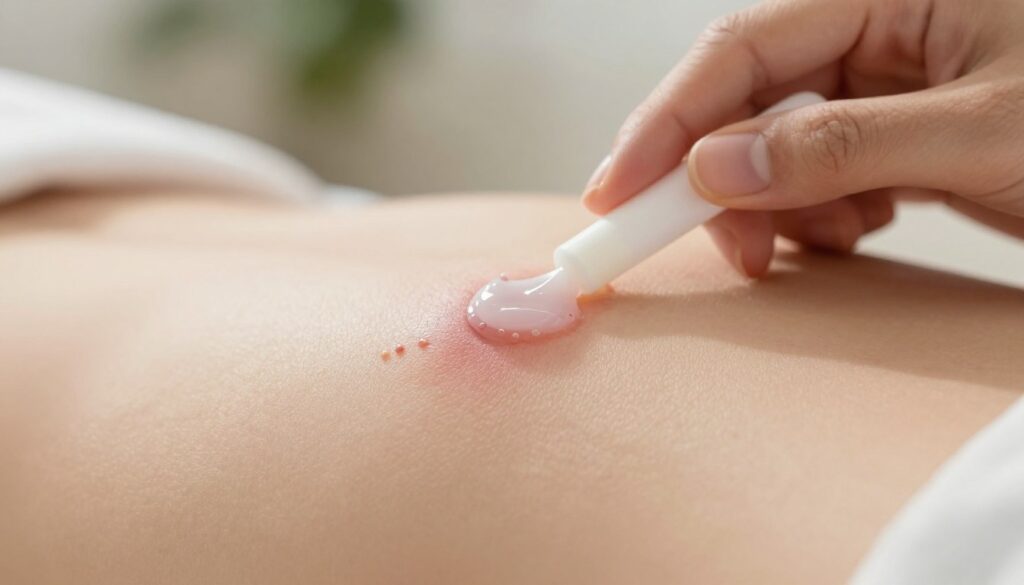 A close-up view of a healing skin area post-wart removal, showcasing the transition from an open wound to a smooth, healthy surface. In the foreground, focus on the skin texture, highlighting the subtle redness surrounding the site of the removal, with a few tiny, fresh healing skin cells visible. In the middle ground, a hand gently applying a soothing balm using a small applicator, emphasizing the care and attention needed in this healing process. The background remains softly blurred with calming, natural tones to evoke a peaceful atmosphere, complemented by warm, diffused lighting to enhance the inviting mood. The angle captures the details of the skin's healing journey without any distractions.