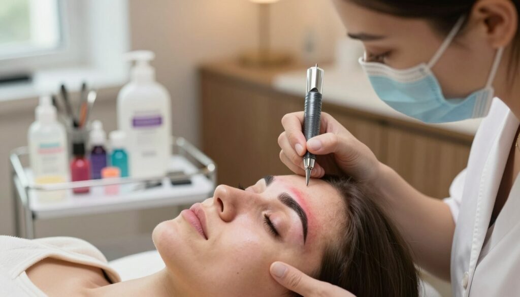 A close-up view of a professional aesthetician’s workspace, showcasing the healing process of permanent eyebrow makeup. In the foreground, focus on a model with natural, modest clothing, displaying freshly treated brows with slight redness and scabbing, symbolizing the healing stage. The middle layer features tools like tattooing needles, pigments, and aftercare products arranged neatly. In the background, a softly lit consultation area with warm colors, creating a calm and professional atmosphere. Natural light streams in from a nearby window, enhancing the details of the healing skin. The overall mood conveys a sense of care and professionalism in cosmetic procedures, depicting the transition from treatment to recovery.
