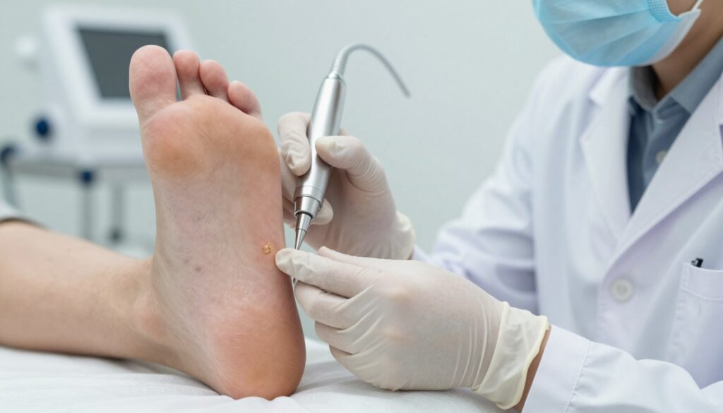 A close-up view of a professional podiatrist's hand using a precise instrument to remove a wart from a patient's foot. The podiatrist is dressed in a crisp white lab coat and wearing sterile gloves, exhibiting a focused expression. The patient's foot, resting on a sterile surface, shows a clear and detailed wart on the heel, illuminated by bright, clinical lighting that highlights the careful procedure. Soft, blurred medical equipment is visible in the background, creating a clean and professional atmosphere. The image conveys a sense of trust, professionalism, and expertise in foot care, inviting the viewer to understand the importance of seeking proper treatment for warts. A close-up view of a professional podiatrist's hand using a precise instrument to remove a wart from a patient's foot. The podiatrist is dressed in a crisp white lab coat and wearing sterile gloves, exhibiting a focused expression. The patient's foot, resting on a sterile surface, shows a clear and detailed wart on the heel, illuminated by bright, clinical lighting that highlights the careful procedure. Soft, blurred medical equipment is visible in the background, creating a clean and professional atmosphere. The image conveys a sense of trust, professionalism, and expertise in foot care, inviting the viewer to understand the importance of seeking proper treatment for warts.