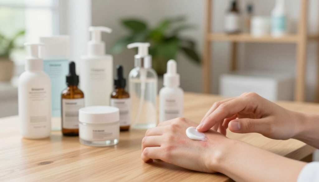 A close-up view of a professional skincare setup focused on post-wart removal skin care, featuring clean, well-organized products such as soothing creams, moisturizers, and antiseptics. In the foreground, a hand gently applies a cream to a healing skin area on the forearm, showcasing a smooth, cared-for surface with slight redness. The middle ground displays a variety of skincare products neatly arranged on a wooden table, illuminated by soft, natural light coming from a nearby window, creating an inviting and calming atmosphere. In the background, blurred shelves contain additional skincare items and lush green plants, enhancing the soothing environment. The mood is tranquil and healing, emphasizing the importance of aftercare in a professional and aesthetic way.