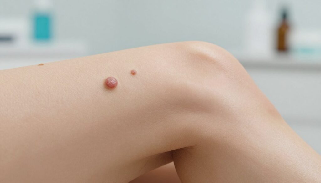 A close-up view of skin before and after the application of a wart treatment product, showcasing its effectiveness. In the foreground, depict a clear, textured skin surface with distinct warts on one side, illustrating the condition prior to treatment. Transitioning to the middle, show healthy skin on the other side, highlighting the positive results after application, with smooth and clear skin. The background should feature a softly blurred medical environment, suggesting a clinical setting with natural lighting to evoke a sense of professionalism and trust. The overall mood is hopeful and informative, emphasizing the transformation and efficacy of skincare treatment. A close-up view of skin before and after the application of a wart treatment product, showcasing its effectiveness. In the foreground, depict a clear, textured skin surface with distinct warts on one side, illustrating the condition prior to treatment. Transitioning to the middle, show healthy skin on the other side, highlighting the positive results after application, with smooth and clear skin. The background should feature a softly blurred medical environment, suggesting a clinical setting with natural lighting to evoke a sense of professionalism and trust. The overall mood is hopeful and informative, emphasizing the transformation and efficacy of skincare treatment.