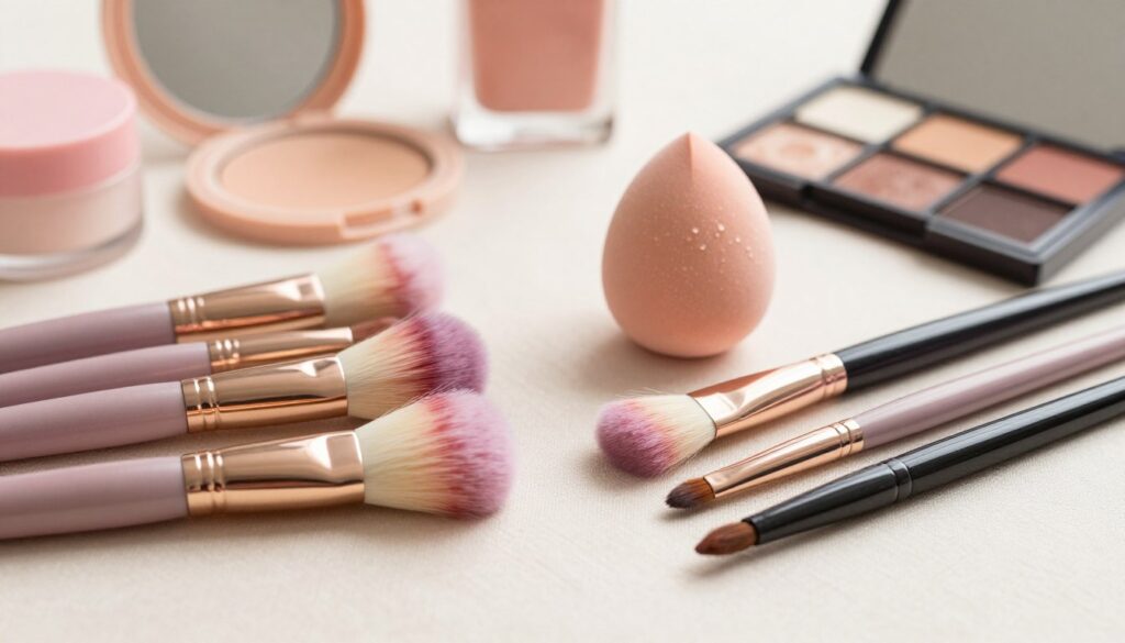 A collection of beginner-friendly makeup brushes arranged aesthetically on a soft, neutral-toned fabric background. The foreground features various brushes with vibrant, colorful bristles: a foundation brush, a flat shader brush, a fluffy blending brush, and a precise eyeliner brush. In the middle, a makeup sponge rests beside the brushes, glistening with a hint of dew. The background is softly blurred, featuring pastel-colored beauty products such as a compact mirror and an eyeshadow palette, creating a warm and inviting atmosphere. Soft, diffused lighting highlights the texture of the brushes and products, evoking a sense of creativity and excitement for makeup novices. The image is captured from a slightly elevated angle for a better view of the entire setup.