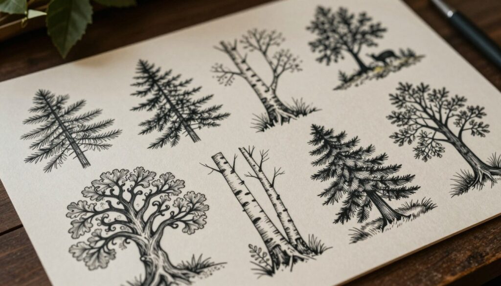 A collection of forest-inspired tattoo designs, featuring intricate line work and rich detailing. In the foreground, showcase a beautifully stylized oak tree tattoo, its branches twisting elegantly. The middle ground includes several tattoo sketches depicting various trees, including pine, birch, and cedar, each with unique patterns and styles. The background features abstract elements symbolizing the forest floor, with leaves, moss, and a hint of wildlife, like a silhouette of a deer. Soft, natural lighting enhances the organic feel of the designs, creating a serene and contemplative atmosphere. The angle is slightly overhead, focusing on the tattoos like art pieces on a canvas, evoking the tranquility and beauty of nature.