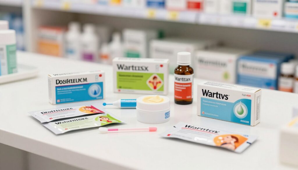 A collection of pharmacy over-the-counter products specifically designed for treating warts and verrucas, arranged aesthetically on a clean, white countertop. In the foreground, several packs and bottles displaying vibrant, eye-catching branding, prominently featuring the names and images of treatments. The middle ground includes a small pot of topical cream and a cosmetic applicator. The background showcases blurred visuals of a pharmacy shelf lined with more skincare and health products, enhancing the setting. Soft, diffuse lighting creates a warm, inviting atmosphere, evoking a sense of trust and care. The image should be well-composed, with a slight top-down angle to emphasize the products, ensuring clarity and focus on their labels and packaging.