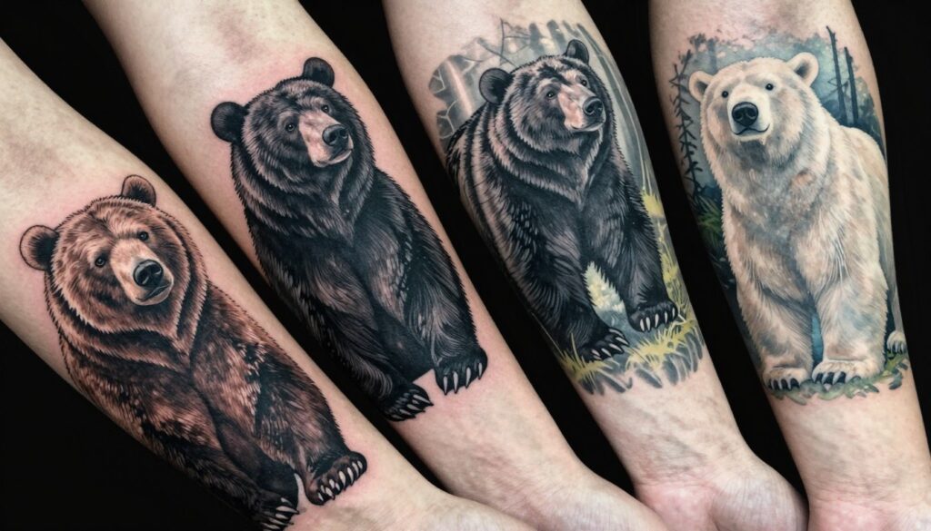 A collection of various bear tattoos showcasing different species, each intricately designed and placed on a stylized arm. In the foreground, a grizzly bear tattoo features rich browns and black shading, symbolizing strength and bravery. The middle section displays a black bear tattoo, embodying independence with sharp contrasts and flowing lines. A polar bear tattoo, depicted in a white-gray palette, represents the essence of nature against a backdrop of a serene forest setting, with soft lighting filtering through the trees. The atmosphere is both calming and powerful, evoking a sense of respect for wildlife. The image is captured from a slightly elevated angle, highlighting the artistic details and craftsmanship of the tattoos, without any text or markings.