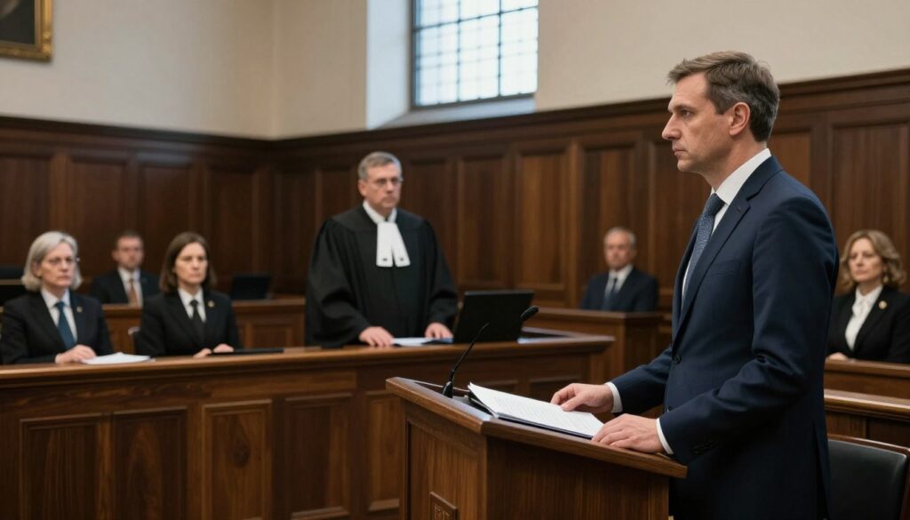 A courtroom scene focused on the legal proceedings involving Ryszard Krauze’s financial issues, showcasing a serious atmosphere. In the foreground, a confident lawyer in a smart business suit stands at a wooden podium, addressing the court with documents in hand. The middle ground features a judge in traditional robes presiding over the case, with clerks and observers attentively listening. In the background, the architecture of a grand courtroom is visible, with dark wood paneling and a large, ornate window allowing natural light to filter in, creating a somber yet focused ambiance. The scene captures the gravity of the situation, with shadows adding depth and enhancing the tension of the moment.
