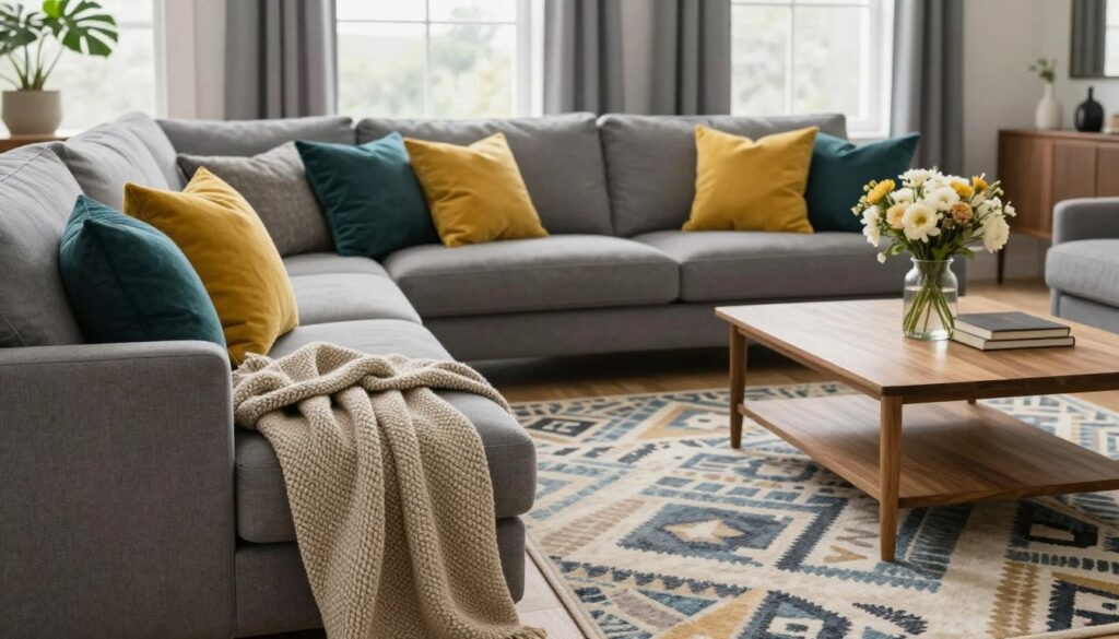 A cozy gray living room adorned with various textiles to enhance warmth and character. In the foreground, a plush gray sofa is accented with vibrant decorative pillows in shades of mustard yellow and deep teal. A soft, woven throw blanket drapes naturally over the arm of the sofa. The middle ground features a stylish area rug with geometric patterns in complementary colors. A wooden coffee table holds a vase of fresh flowers, adding a touch of life. In the background, large windows let in soft, diffused natural light, illuminating the room. The overall atmosphere is inviting and tranquil, creating a perfect balance between modern elegance and comfort. The image should capture a serene and stylish vibe suitable for a chic interior design setting.
