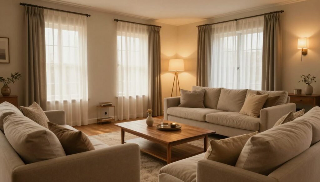 A cozy living room bathed in warm light, showcasing a harmonious color palette. In the foreground, a stylish sofa adorned with textured cushions invites relaxation. The middle ground features a wooden coffee table with elegant decor, complemented by soft lighting from a floor lamp and strategically placed wall sconces, creating a balanced atmosphere. The background reveals large windows draped with sheer curtains, allowing natural light to mingle with the interior's warm glow, enhancing the inviting ambiance. The overall mood is tranquil and soothing, suggesting comfort and well-being, perfect for illustrating the calming influence of light color and intensity in interior spaces. Shot with a wide-angle lens to capture the room's depth and inviting atmosphere, emphasizing the interplay between light and shadow.