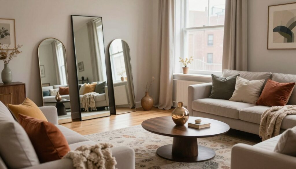 A cozy small living room arrangement featuring elegant mirrors and rich textiles. In the foreground, a plush sofa adorned with colorful throw pillows, a soft textured blanket draped over one side, and a stylish coffee table with a decorative vase. In the middle, a chic area rug anchors the space, with a pair of decorative mirrors reflecting the light. The background displays soft drapes framing a large window, allowing natural light to flood the room, creating a warm and inviting atmosphere. Use warm lighting to enhance the comfort of the scene, with a slight blur effect to mimic a shallow depth of field. The overall mood should be welcoming and stylish, perfect for a small urban apartment.