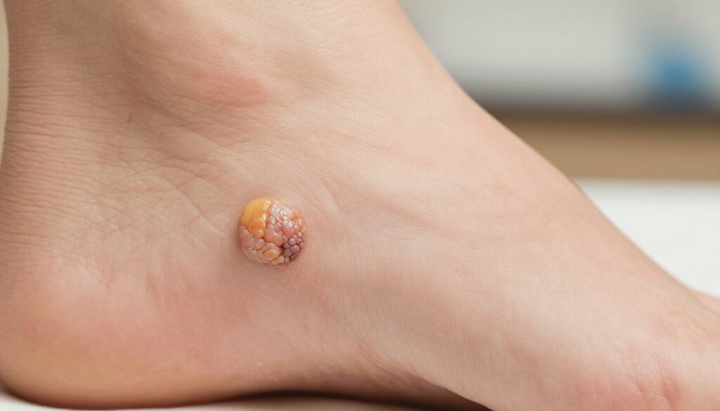 A detailed close-up of a human heel, focusing on both a plantar wart (kurzajka) and a corn (odcisk) for comparison. The foreground includes a clear, textured view of the wart, showing its rough, raised surface with small, uneven patches, while the corn appears smoother, looking slightly flattened and rounder. The middle section captures the subtle differences in skin texture and color between the two formations. The background is softly blurred, suggesting a clinical environment with neutral colors and warm lighting to create an informative atmosphere. The angle is slightly above, showcasing the heel in natural state. The overall mood is educational and clinical, focusing on clarity and detail without distractions. A detailed close-up of a human heel, focusing on both a plantar wart (kurzajka) and a corn (odcisk) for comparison. The foreground includes a clear, textured view of the wart, showing its rough, raised surface with small, uneven patches, while the corn appears smoother, looking slightly flattened and rounder. The middle section captures the subtle differences in skin texture and color between the two formations. The background is softly blurred, suggesting a clinical environment with neutral colors and warm lighting to create an informative atmosphere. The angle is slightly above, showcasing the heel in natural state. The overall mood is educational and clinical, focusing on clarity and detail without distractions.