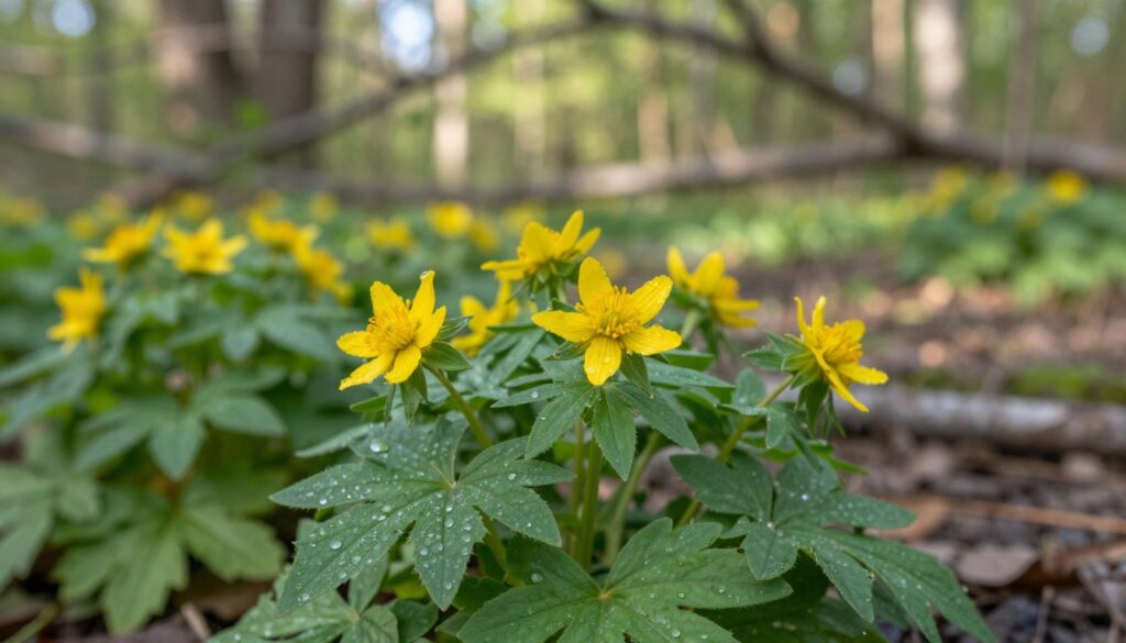 A detailed close-up of the Jaskółcze ziele (Chelidonium majus), also known as greater celandine, in a serene natural setting. In the foreground, vibrant yellow flowers with delicate petals and green, jagged leaves are prominently displayed, glistening with morning dew. The middle ground features soft, blurred greenery, evoking a peaceful forest ambiance. In the background, gentle sunlight filters through delicate branches, casting dappled shadows on the ground, enhancing a sense of tranquility. The composition should feel harmonious and connected to traditional herbal remedies, reflecting a timeless connection to nature. Use soft, natural lighting to emphasize the organic textures, and employ a shallow depth of field to draw focus on the plant while softly blurring the background. The overall mood should be calm and restorative, inviting viewers to explore the heritage of this medicinal plant.