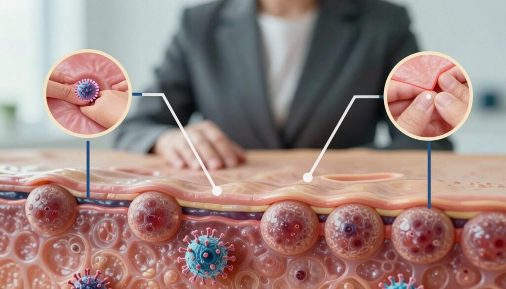 A detailed illustration depicting the pathways of HPV infection. In the foreground, anatomically accurate representations of skin cells with visible viral particles interacting with them. The middle ground features stylized graphics of potential transmission routes, including close-up depictions of skin contact and shared surfaces. In the background, a blurred silhouette of a person in professional attire, emphasizing a clinical and educational atmosphere. Natural, soft lighting creates a clean and sterile environment, highlighting the textures of the skin cells and viral particles. The composition uses a slightly elevated angle to provide depth, conveying a serious and informative mood, suitable for an educational context.