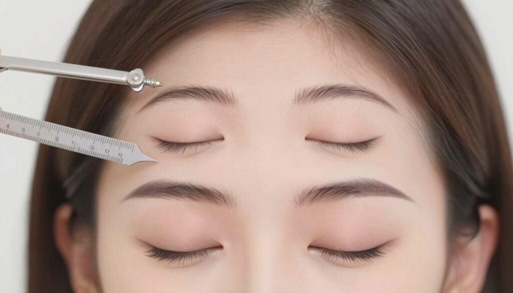 A detailed illustration focusing on the upper and lower eyebrow lines, showcasing their geometric significance. In the foreground, a close-up view of a stylized face featuring perfectly groomed brows, emphasizing the defined arcs of the upper and lower lines. The middle layer should include a set of precise measurement tools, such as a ruler and a compass, positioned near the face to signify the technique of eyebrow shaping. The background should be softly blurred to maintain focus on the brows, with subtle lighting enhancing the contours of the face and brows. Utilize a soft, natural palette to evoke a calm, professional atmosphere, ideal for a beauty tutorial. The image should be clean and polished, ensuring it is suitable for educational purposes without any text or distractions.