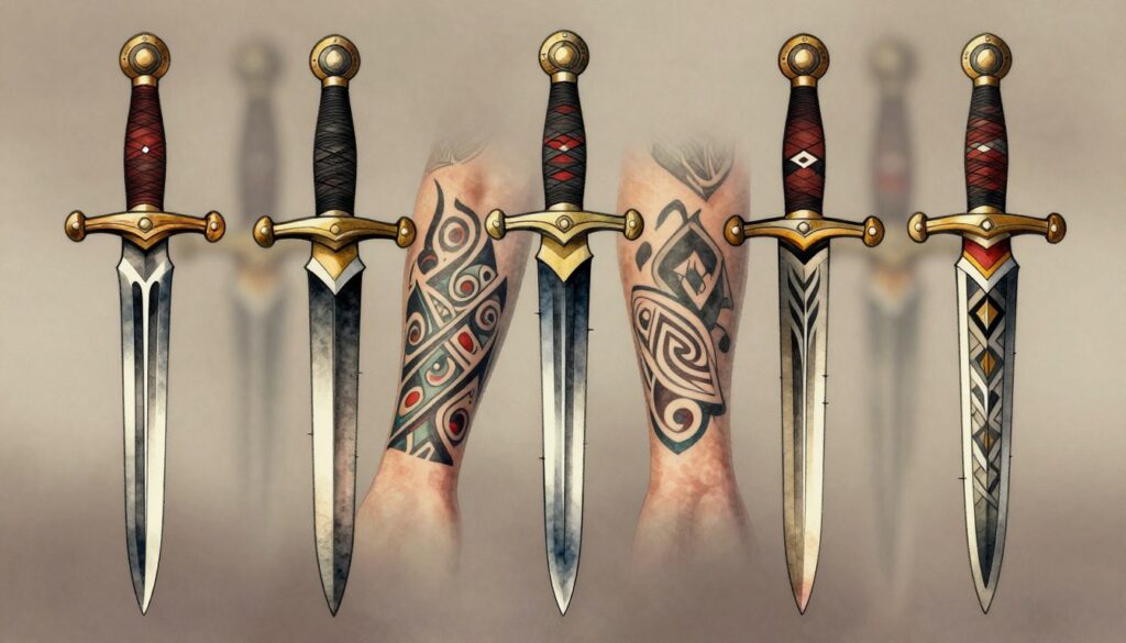 A detailed illustration of a sword represented in various tattoo styles; include traditional, tribal, neo-traditional, watercolor, and geometric tattoo designs. The swords should be prominently displayed in the foreground, showcasing intricate line work, shading, and color variations, reflecting the unique characteristics of each style. In the middle ground, show glimpses of skin with the tattoos applied, emphasizing the artistry and detail on a human arm. The background should be muted and softly focused, featuring a subtle gradient that enhances the tattoo designs without distraction. The lighting should be soft and even, giving a warm and inviting atmosphere, while highlighting the textures of the tattoos. Use an artistic lens perspective to create depth, making the swords the central element of the composition.