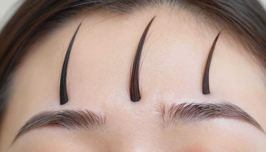 A detailed illustration of the hair growth cycle focused on eyebrows, showcasing the different phases of hair growth. In the foreground, depict three stages of eyebrow hair: 1. Anagen (growth phase) with vibrant, lush hairs; 2. Catagen (transition phase) where hairs are shorter and thinning; 3. Telogen (resting phase) represented by wispy, light-colored hairs falling away. In the middle ground, include a close-up view of the skin with hair follicles visibly transitioning through these stages. The background should be softly blurred to emphasize the main subject, with soft, natural lighting to create a calming atmosphere. Use a macro lens perspective to capture intricate details like hair texture and follicle structure, ensuring the image remains clean and professional.