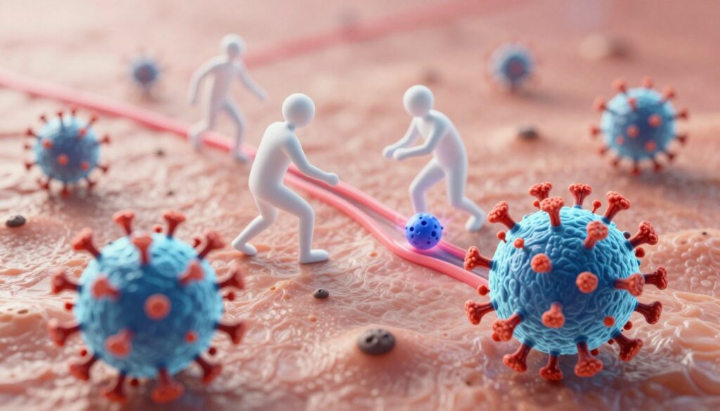 A detailed illustration representing the role of the HPV virus and the immune response. In the foreground, a stylized depiction of HPV virus particles, brightly colored and engaging, showcasing their unique structure. In the middle ground, an abstract representation of the immune system, featuring white blood cells as dynamic figures, visually interacting with the virus particles, conveying the battle between them. In the background, a blurred human skin texture with small wart-like growths to symbolize external manifestations of HPV, softly lit to create a clinical atmosphere. The overall tone should be educational and insightful, with focused, illuminating lighting to enhance the scientific elements, captured from a slightly elevated angle to provide depth.