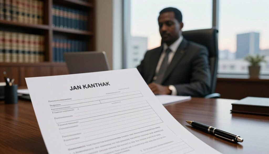 A detailed scene depicting a financial disclosure statement related to a politician, prominently featuring an official-looking document in the foreground. The document is complete with lines for income and properties, set on a polished wooden desk with a pen beside it. In the middle ground, a blurred out silhouette of a distinguished man in a tailored suit, representing Jan Kanthak, sits in a modern office surrounded by bookshelves filled with law books. In the background, through a large window, a view of a cityscape can be seen, bathed in soft, natural lighting that suggests a late afternoon. The overall mood is serious and professional, emphasizing transparency and accountability in politics.