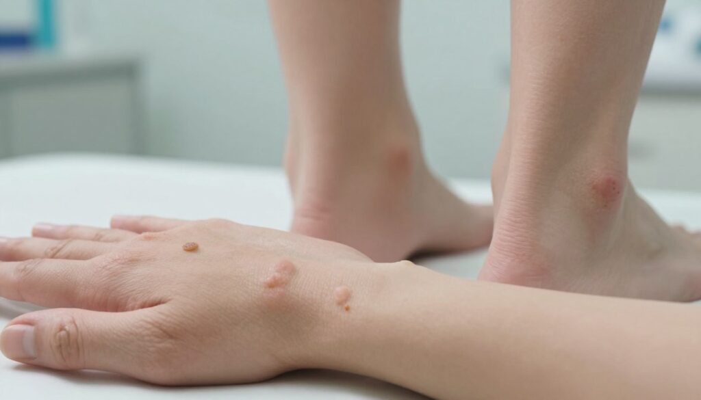 A detailed view of different types of warts on the hands and feet of a person. In the foreground, focus on a close-up of a hand displaying various warts – some common, some plantar – highlighting their textures and colors. The middle section includes the soles of feet, showing warts in a clinical yet informative manner. Use soft, diffused lighting to create a natural look, enhancing the skin tones without harsh shadows. Capture the image at a slight angle to add depth, ensuring the warts are the central focus. The background should be softly blurred with a sterile, medical environment, like a clinic, to convey an informative and educational atmosphere. Aim for a realistic, educational representation, emphasizing health and awareness.