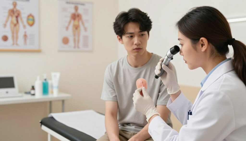 A focused, detailed medical examination scene depicting a dermatologist consulting with a patient. In the foreground, a qualified female doctor in a white lab coat and gloves examines a skin lesion with a dermatoscope, showcasing professional demeanor and attention to detail. The middle ground includes the patient, a young adult in modest clothing, displaying a concerned expression while seated on an examination table. The background features a well-lit, sterile medical office with anatomical posters and skincare products neatly arranged. Soft, warm lighting enhances the atmosphere, creating a sense of calm and professionalism, while a shallow depth of field emphasizes the interaction between the doctor and patient. The image captures the seriousness of skin examination and consultation, reflecting the clinical atmosphere surrounding the evaluation for skin scraping treatment.