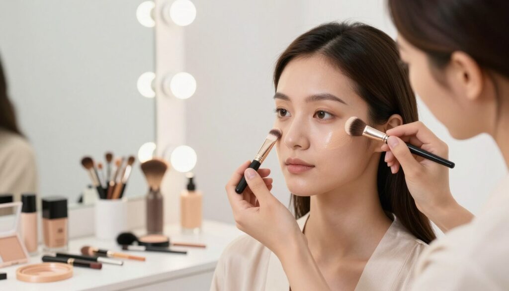 A graceful makeup artist applying a primer on a model’s face in a bright, well-lit beauty studio. The foreground features the artist's focused hands gently working the product into the model’s skin, showcasing a smooth, luminous texture. In the middle ground, the model has a serene expression, with her features highlighted by soft, natural lighting that accentuates her skin tone, complemented by modest, stylish clothing. The background includes neatly arranged makeup tools and a mirror reflecting the soft glow of overhead lights, creating a calm and professional atmosphere. The overall mood is fresh and elegant, emphasizing the importance of makeup preparation. A graceful makeup artist applying a primer on a model’s face in a bright, well-lit beauty studio. The foreground features the artist's focused hands gently working the product into the model’s skin, showcasing a smooth, luminous texture. In the middle ground, the model has a serene expression, with her features highlighted by soft, natural lighting that accentuates her skin tone, complemented by modest, stylish clothing. The background includes neatly arranged makeup tools and a mirror reflecting the soft glow of overhead lights, creating a calm and professional atmosphere. The overall mood is fresh and elegant, emphasizing the importance of makeup preparation.