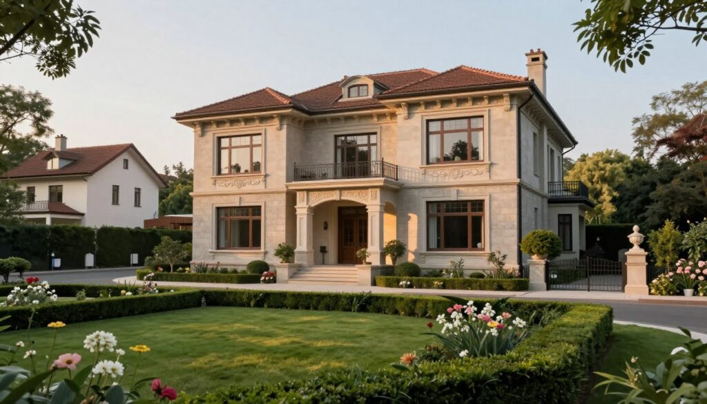 A historical view of Ryszard Krauze's former real estate properties, showcasing a blend of modern architecture and classic design elements. In the foreground, a beautifully landscaped garden with well-manicured hedges and blooming flowers. In the middle, an elegant mansion with large windows, adorned with intricate details and a grand entrance. The background features a serene neighborhood with tree-lined streets and tasteful houses, reflecting a luxurious ambiance. The lighting is soft and warm, capturing the essence of a late afternoon glow, casting gentle shadows that enhance the textures of the building. The scene conveys a sense of nostalgia and sophistication, inviting viewers to reflect on the prestige of past residences.