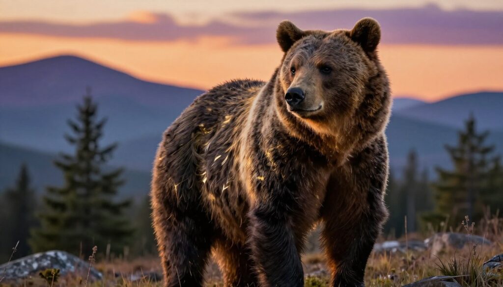 A majestic bear stands prominently in the foreground, depicted in an intricate tattoo style that combines realism with artistic embellishments. The bear's fur is richly detailed, showcasing a blend of deep browns, blacks, and hints of gold. In the middle ground, a serene landscape of pine trees and mountains complements the bear, conveying a sense of nature and wilderness, while soft, warm lighting gives a golden hour glow, enhancing the tattoo's appeal. In the background, a blurred horizon suggests depth, with rolling hills and a soft sunset sky painted in vibrant oranges and purples, evoking feelings of strength, independence, and the raw beauty of the natural world. The overall atmosphere is one of tranquility and power, emphasizing the significance of the bear tattoo.