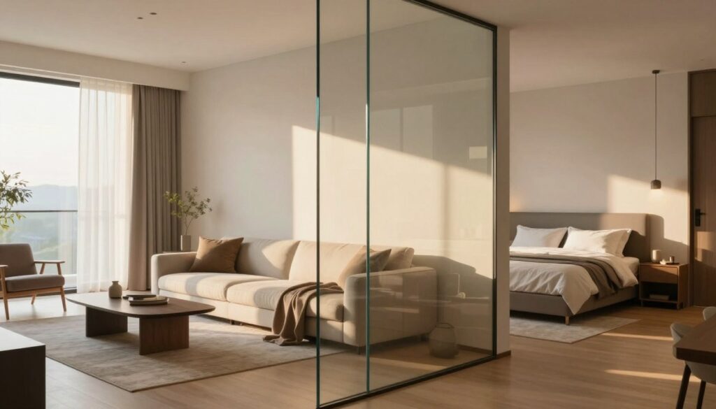 A modern interior space showcasing a glass divider separating a bright, airy living area from a serene bedroom. In the foreground, the glass partition features sleek, frameless edges, seamlessly reflecting the natural light that floods the room. The middle section reveals a stylish living area, adorned with a cozy sofa and minimalist decor, creating a tranquil ambiance. In the background, the peaceful bedroom area is visible, with soft bedding and muted colors, inviting relaxation. The lighting is soft and warm, suggesting a late afternoon setting, with gentle shadows enhancing the depth of the space. The overall mood is light, airy, and harmonious, showcasing the beauty of functional design in home interiors.