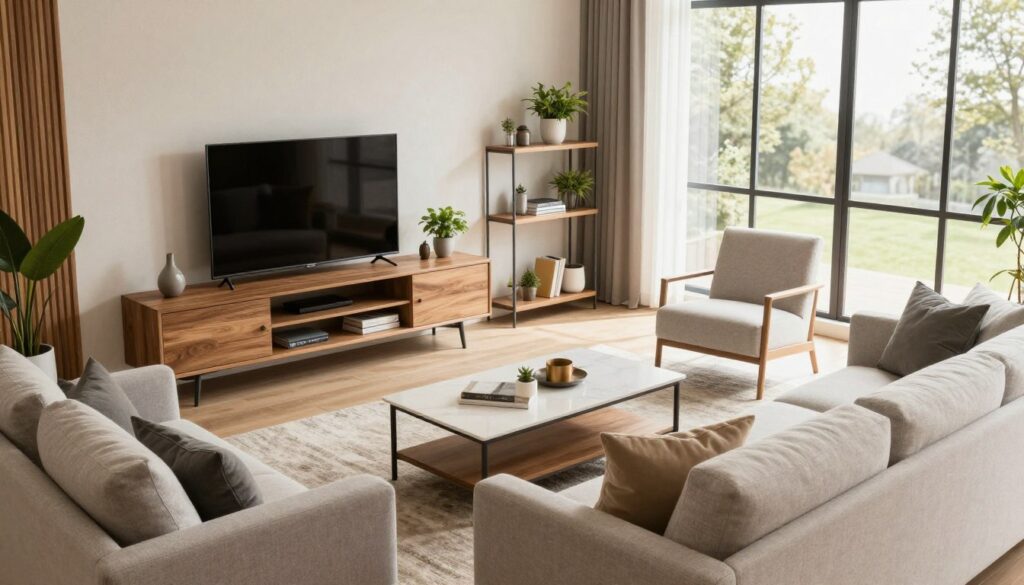 A modern living room layout showcasing a well-organized furniture arrangement for comfortable movement. In the foreground, a stylish sofa set with neutral-colored cushions faces a sleek coffee table, creating a cozy conversation area. In the middle, a wooden media console holds a flat-screen TV, with decorative plants and books on the shelves. The background features large windows allowing natural light to flood the space, highlighting the airy atmosphere. A soft rug anchors the seating area, while a well-placed armchair invites relaxation. The lighting is warm and inviting, accentuating the textured walls and stylish decor. Capture this scene from a slightly elevated angle to emphasize the spaciousness and flow of the design, evoking a sense of comfort and modern living.