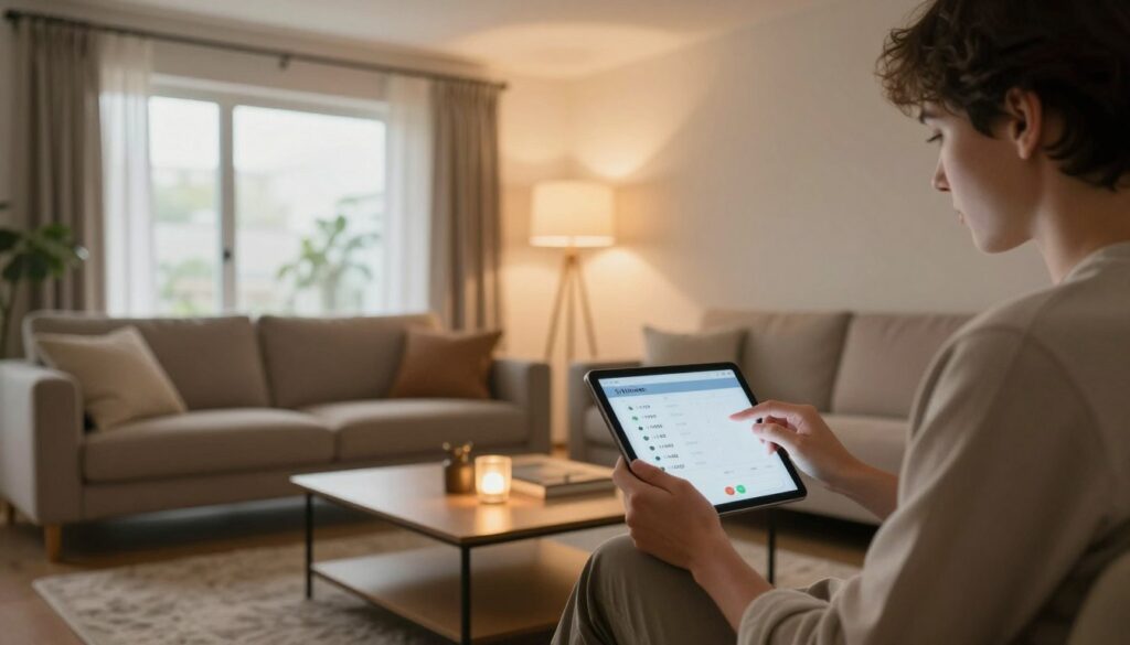 A modern living room meticulously designed for comfort and functionality, featuring a stylish sofa, elegant coffee table, and soft area rug. In the foreground, a person dressed in smart casual attire, focused on a bright tablet, calculating the total lumen requirements for the space. The middle ground showcases strategically placed floor lamps and ceiling fixtures, casting a warm, inviting glow throughout the room. The background reveals a large window letting in natural light, highlighting the harmonious balance between artificial and daylight. The scene is captured in soft focus with a slight overhead angle, emphasizing the cozy atmosphere while showcasing the importance of adequate lighting in a living area. The overall mood is tranquil, illustrating a thoughtful approach to home illumination.