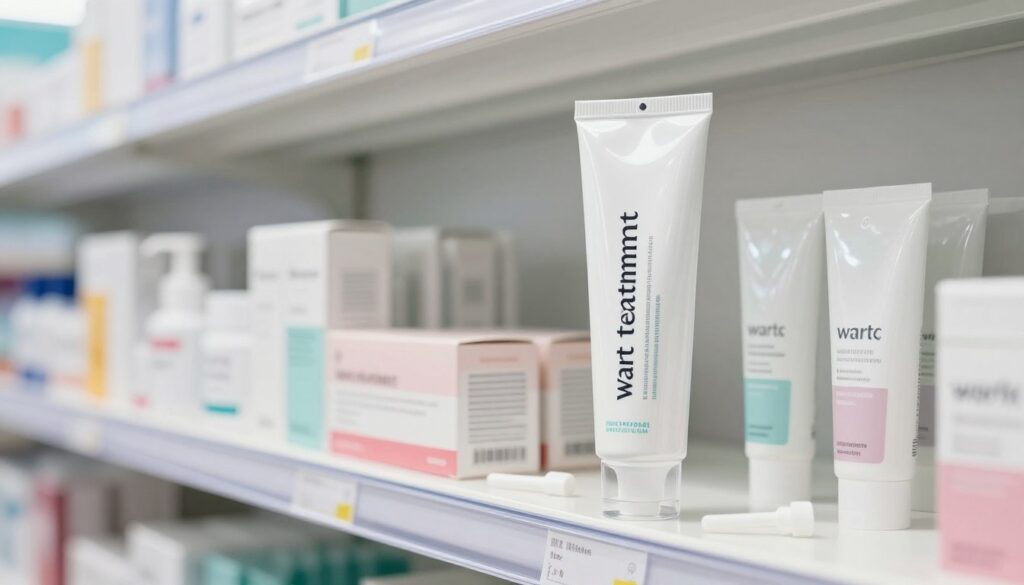 A modern pharmacy shelf displaying a variety of clinical and aesthetic products for the treatment of warts, including a prominent tube labeled "wart treatment" in an elegant, minimalist design. In the foreground, a clear, focus on the tube with a textured surface, complemented by a few small applicators. The middle ground features shelves with bright, well-organized packaging of similar products in soft pastel colors. The background shows a clean, bright pharmacy setting with soft white lighting, creating a clinical yet inviting atmosphere. Shot from a slightly elevated angle to emphasize the product's features, the scene conveys trustworthiness and reliability in skincare solutions. A modern pharmacy shelf displaying a variety of clinical and aesthetic products for the treatment of warts, including a prominent tube labeled "wart treatment" in an elegant, minimalist design. In the foreground, a clear, focus on the tube with a textured surface, complemented by a few small applicators. The middle ground features shelves with bright, well-organized packaging of similar products in soft pastel colors. The background shows a clean, bright pharmacy setting with soft white lighting, creating a clinical yet inviting atmosphere. Shot from a slightly elevated angle to emphasize the product's features, the scene conveys trustworthiness and reliability in skincare solutions.
