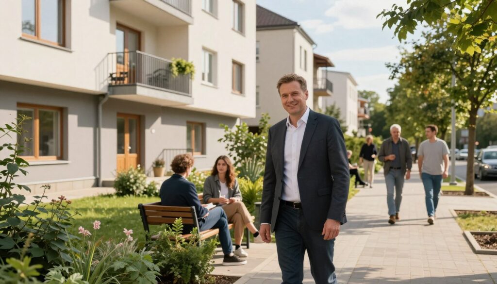 A modern urban street scene depicting a residential building with clear, inviting architecture that suggests a comfortable living environment. In the foreground, a well-dressed politician, Krzysztof Gawkowski, stands confidently, wearing smart casual attire, smiling and greeting passersby. The middle ground features well-maintained greenery and benches, where citizens are engaged in quiet conversation, fostering a sense of community. In the background, trees frame the scene under a bright, sunny sky, highlighting a peaceful atmosphere. The lighting is warm and soft, creating a welcoming environment. Shot from a slightly elevated angle to capture the vibrancy of the neighborhood and its connection to public life.