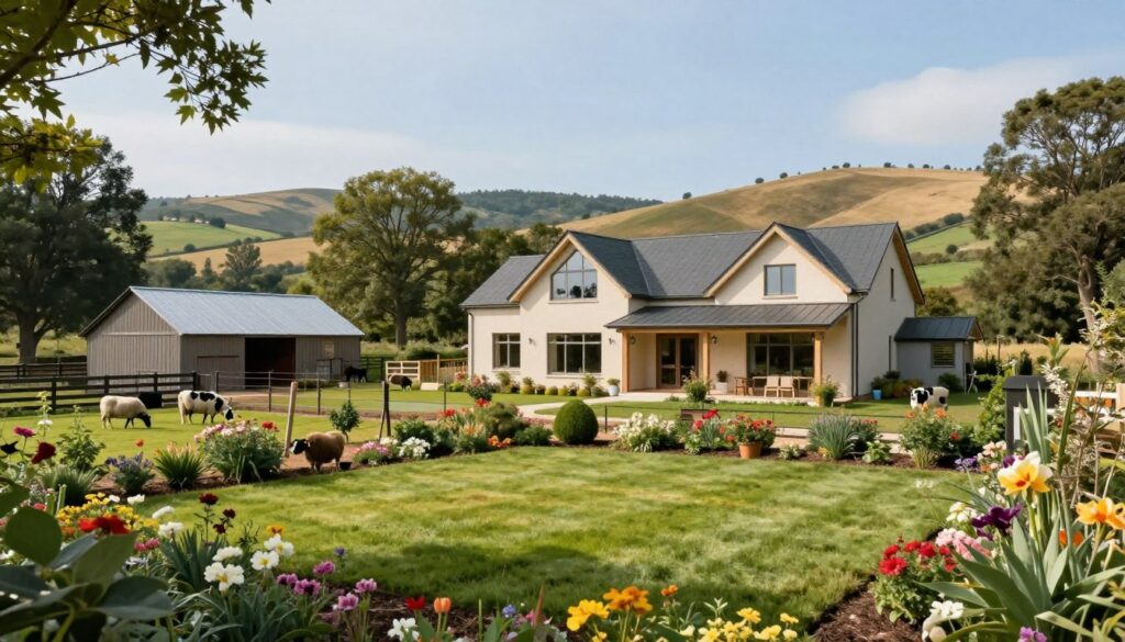 A picturesque scene of a modern countryside home, reflecting the property owned by Robert Telus. The foreground features a well-manicured garden with vibrant flowers and a neatly trimmed lawn. In the middle ground, a spacious, contemporary house with large windows and a welcoming front porch is visible, surrounded by lush trees. To the side, a small farm area with a rustic barn and grazing animals like sheep or cows adds charm. The background consists of rolling hills under a clear blue sky, capturing the serenity of rural life. Soft, natural lighting creates a warm, inviting atmosphere, showcasing the essence of a peaceful family home. Shot with a wide-angle lens to encompass the beauty of the landscape and architecture.