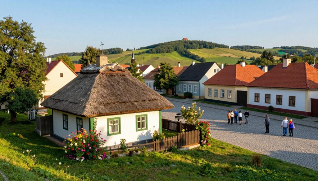 A picturesque view of Ostrów, Poland, the ancestral village of Robert Telus. In the foreground, a quaint, traditional Polish cottage with a thatched roof, surrounded by vibrant flowers and lush greenery. The middle ground features a serene village square with cobblestone paths, lined with charming old houses and a small gathering of people dressed in modest casual clothing, reflecting the warmth of the community. In the background, rolling hills and a clear blue sky, with soft, golden sunlight casting gentle shadows. The overall atmosphere is tranquil and inviting, embodying the essence of rural Polish life. Use a wide-angle lens to capture the depth and beauty of the landscape, with a focus on the cottage and village life.
