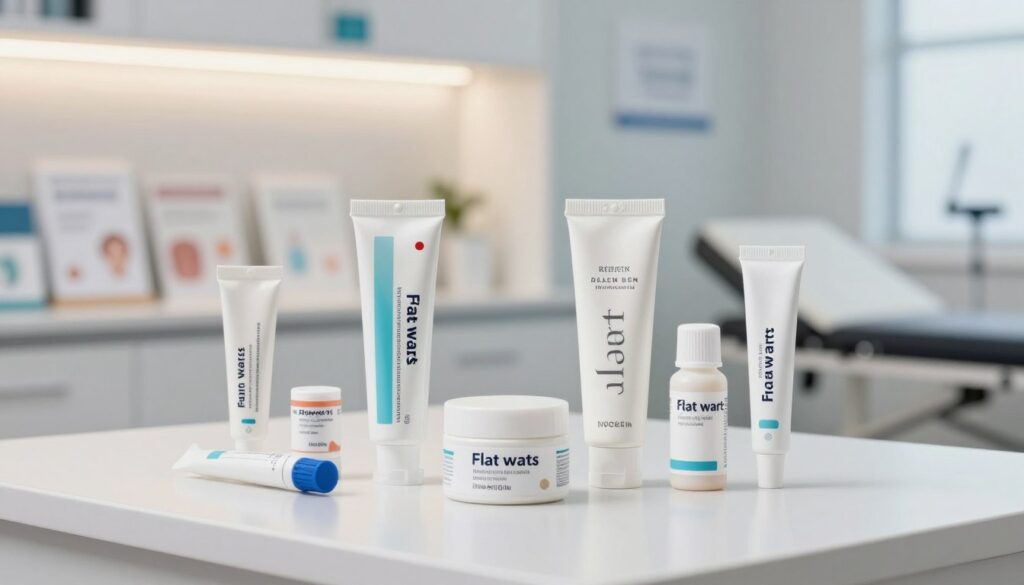 A professional and informative scene depicting various topical ointments and preparations used for the treatment of flat warts. In the foreground, several well-designed, labeled tubes and jars of creams and ointments are placed neatly on a clean, sterile countertop. The middle ground features a backdrop of a softly illuminated medical office with subtle hints of brochures about skin health on the shelves. The lighting is bright yet soft, creating a soothing atmosphere. A blurred clinical examination room can be seen in the background, hinting at an environment dedicated to skin treatment. The image captures a sense of professionalism and care, emphasizing the efficacy and safety of these topical solutions.