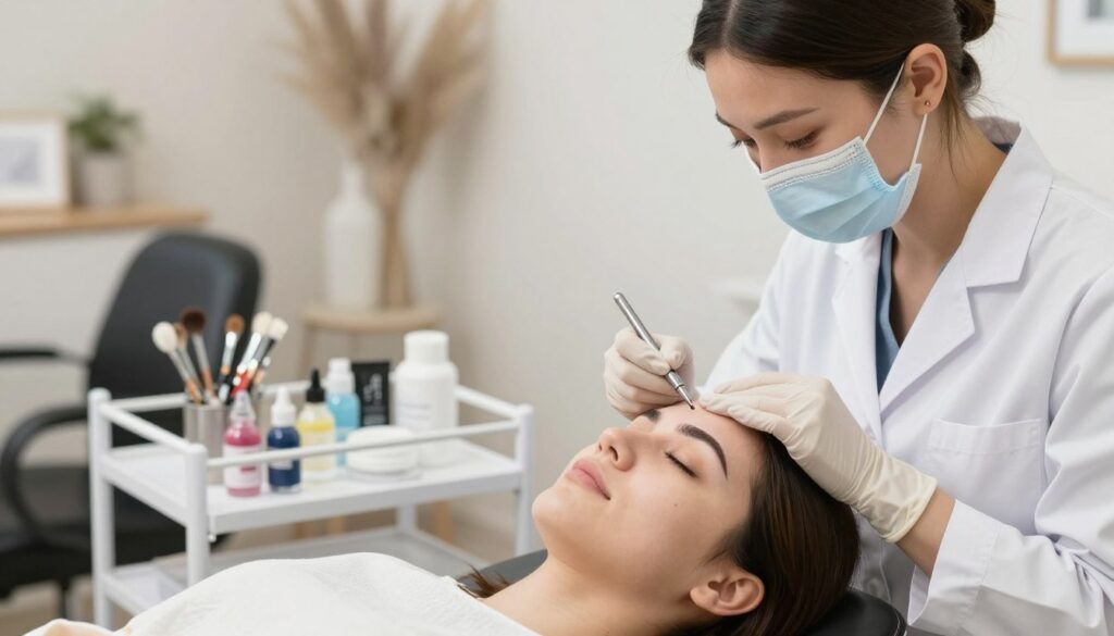 A professional beauty technician skillfully performing a semi-permanent eyebrow makeup procedure in a bright, inviting salon. The foreground features a close-up of the technician, wearing a clean white lab coat and gloves, concentrating on the client's brows, showcasing precision and care. The client, sitting comfortably in a reclining chair, displays a relaxed expression, eyes closed, conveying trust in the process. In the middle ground, a well-organized station with various beauty tools and pigments is visible, highlighting the meticulous nature of the procedure. The background includes soft-focus elements like calming decoration and gentle lighting, creating a serene atmosphere. The image is lit with soft, natural light to enhance the peaceful ambiance, portraying a sense of professionalism and expertise in the beauty industry.